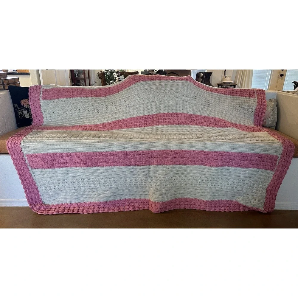 Afghan Crochet Blanket Twin Bedspread Pink Ivory/Beige Stripe French Knot ~75X99